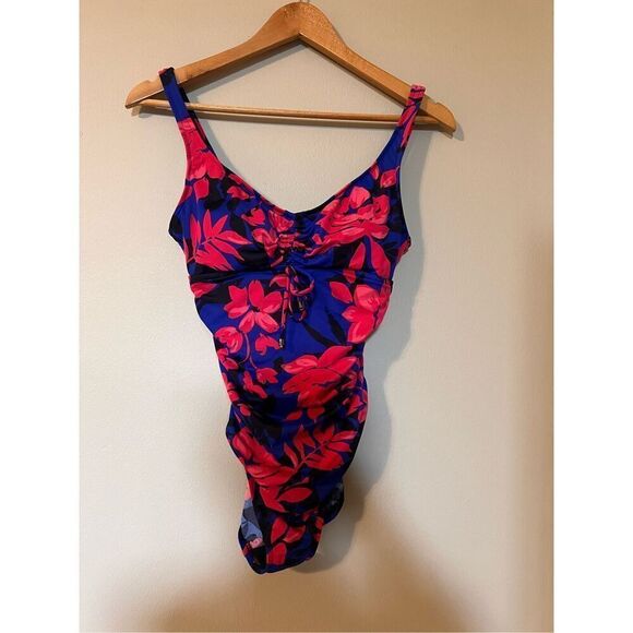 Aqua Green Size M One Piece Cinch Front Swimsuit Royal Blue Pink Tropical Floral - Picture 5 of 10